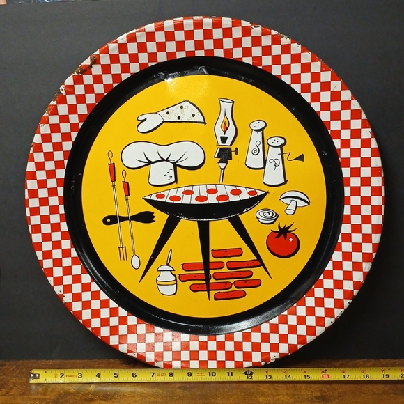 Vintage Mid Century Modern 1950s Metal Serving Tray BBQ Grill 19” Retro Decor - Picture 2 of 9